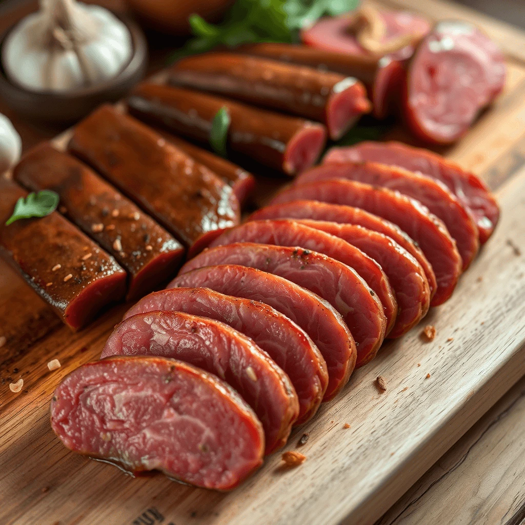 Assorted cured meats and sausages, including sliced salami and whole links, arranged on a wooden cutting board with fresh herbs and condiments.