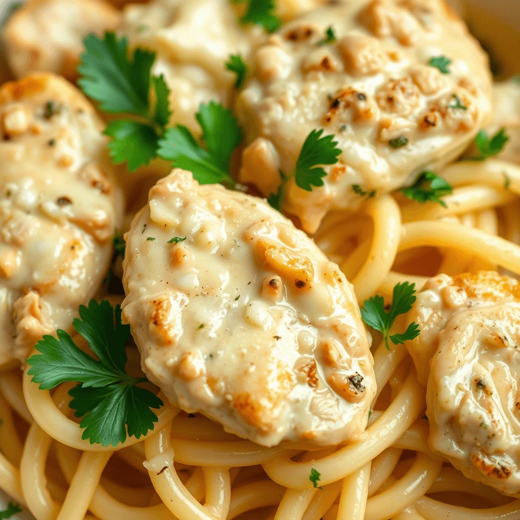 Garlic Parmesan Chicken Pasta with creamy sauce, tender chicken pieces, and fresh parsley garnish.