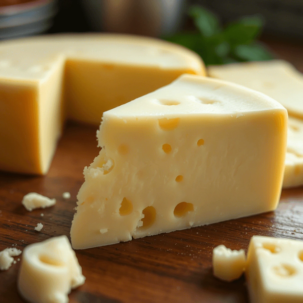 A close-up of a block of white American cheese with small holes, placed on a wooden surface.