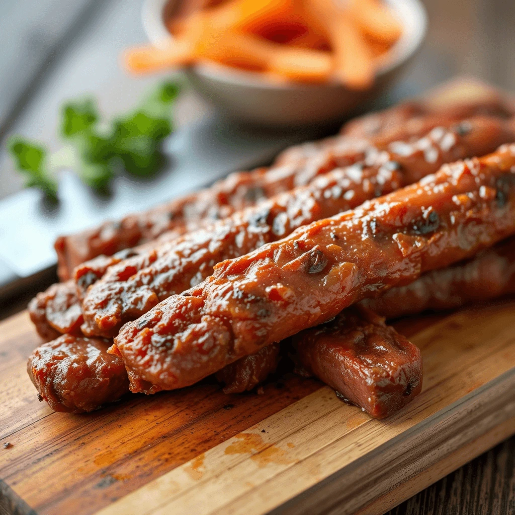Homemade beef sticks with a spicy, glossy glaze, grilled to perfection and served on a wooden board with sliced carrots on the side.