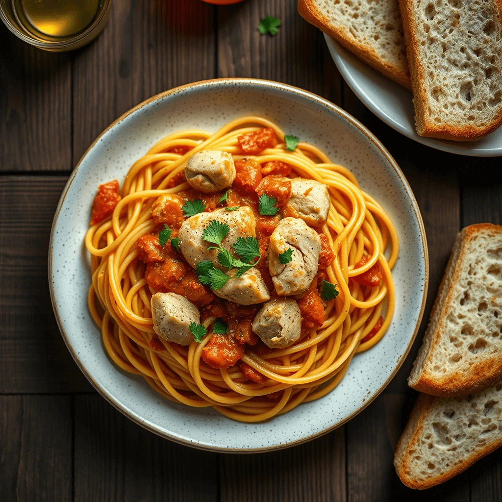 A bowl of spaghetti with creamy tomato sauce, chicken pieces, and fresh parsley, served alongside slices of bread.