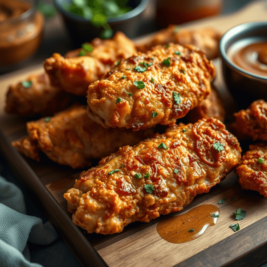 Golden-brown crispy chicken strips garnished with fresh herbs, served on a wooden tray with dipping sauce.