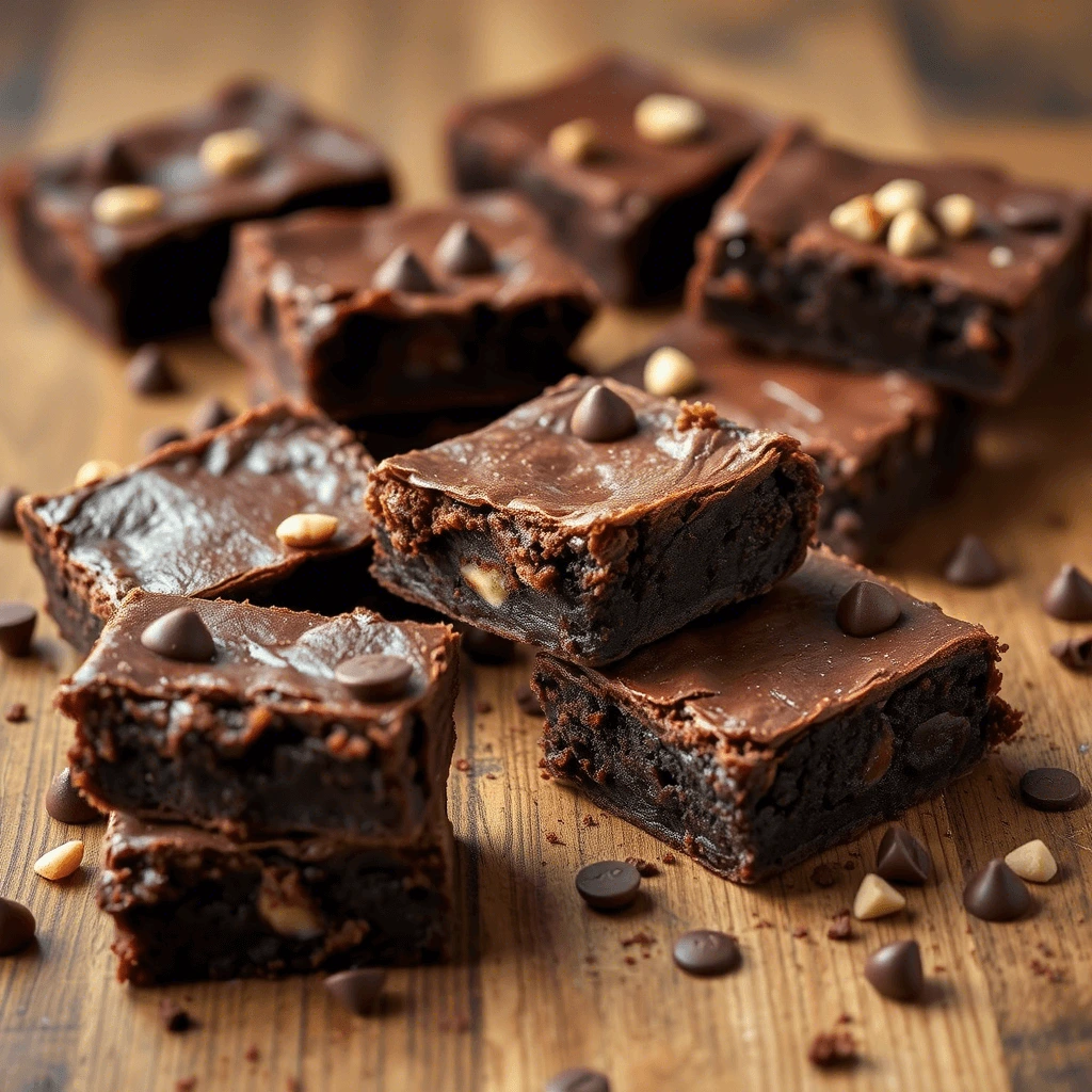 Decadent chocolate brownies with a glossy chocolate glaze and scattered chocolate chips.