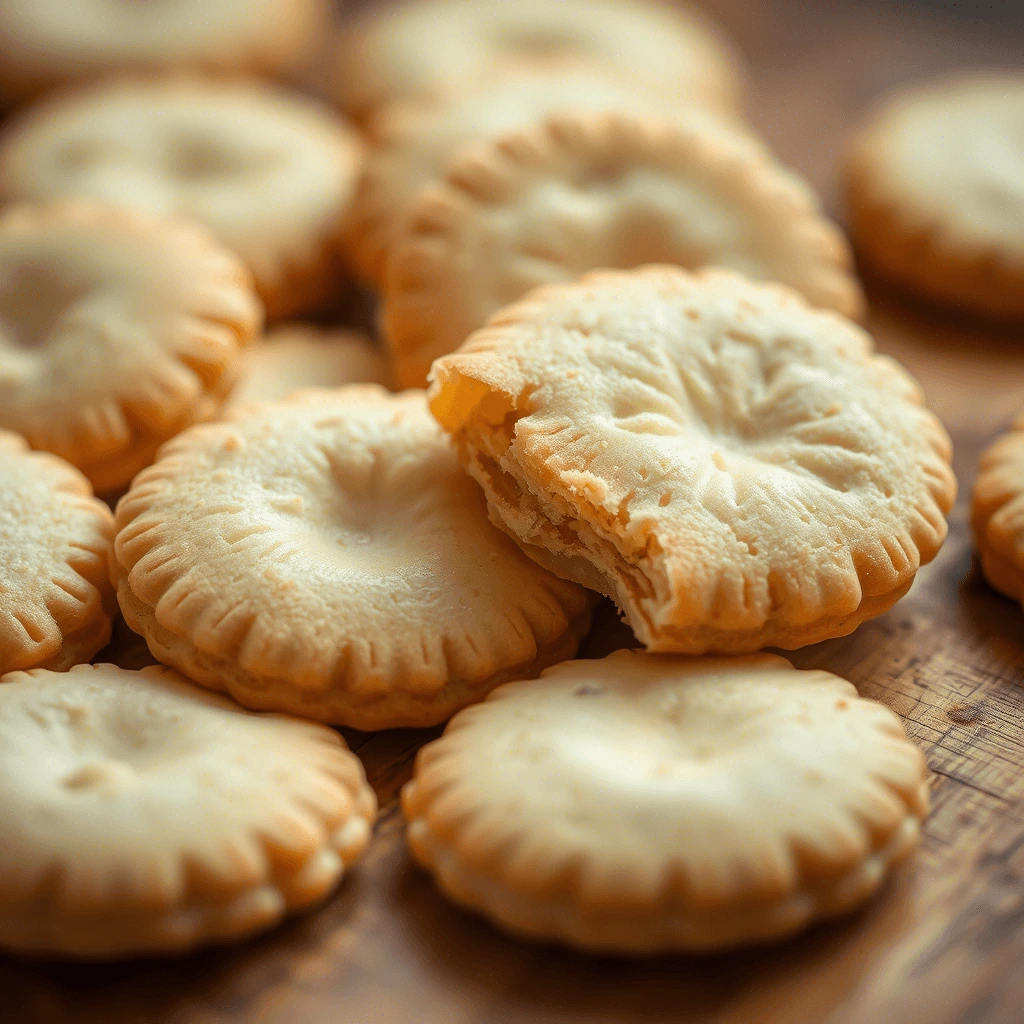 A close-up of a pile of round, sugar-dusted cookies with intricate floral patterns.