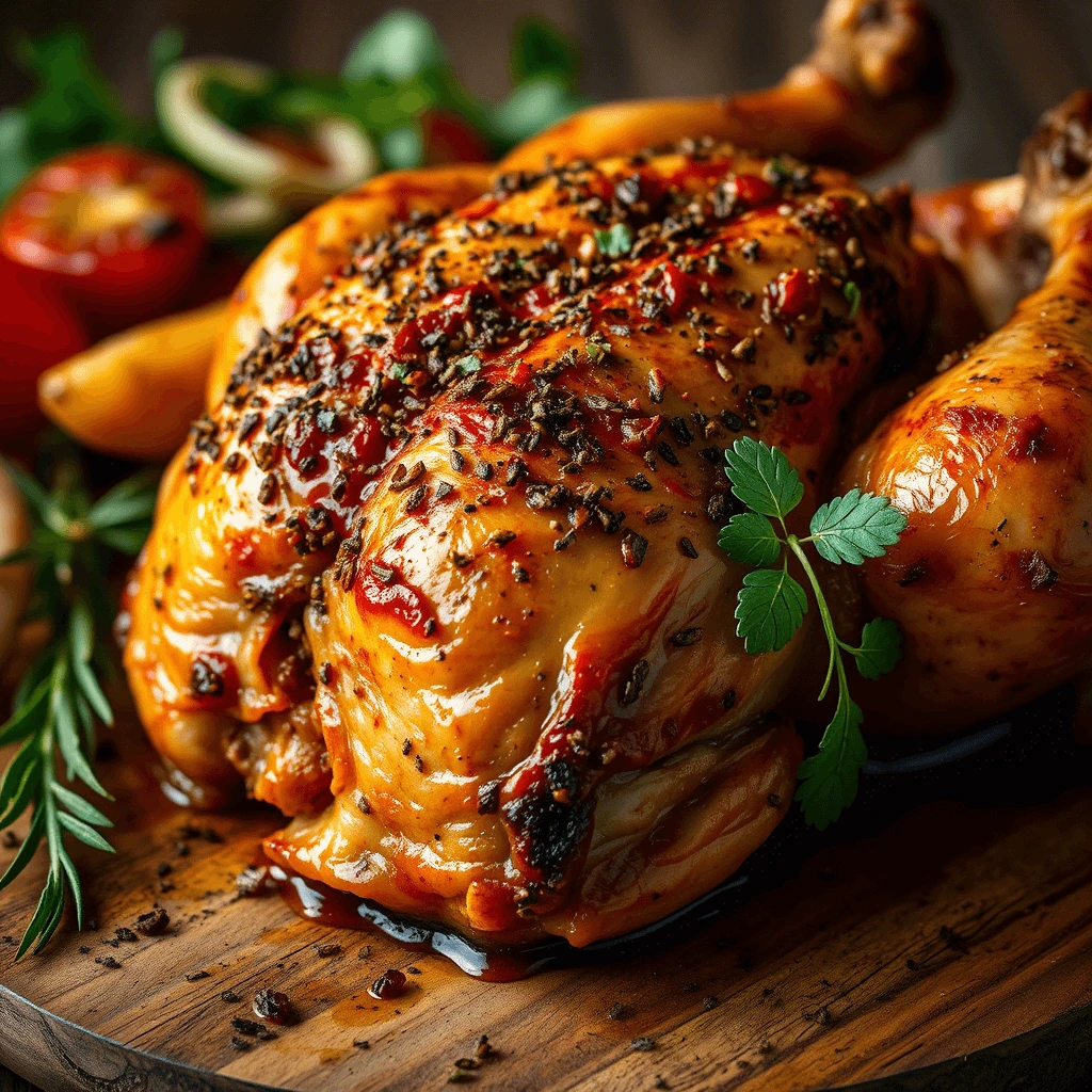 A beautifully roasted chicken garnished with herbs and spices, served on a wooden platter.