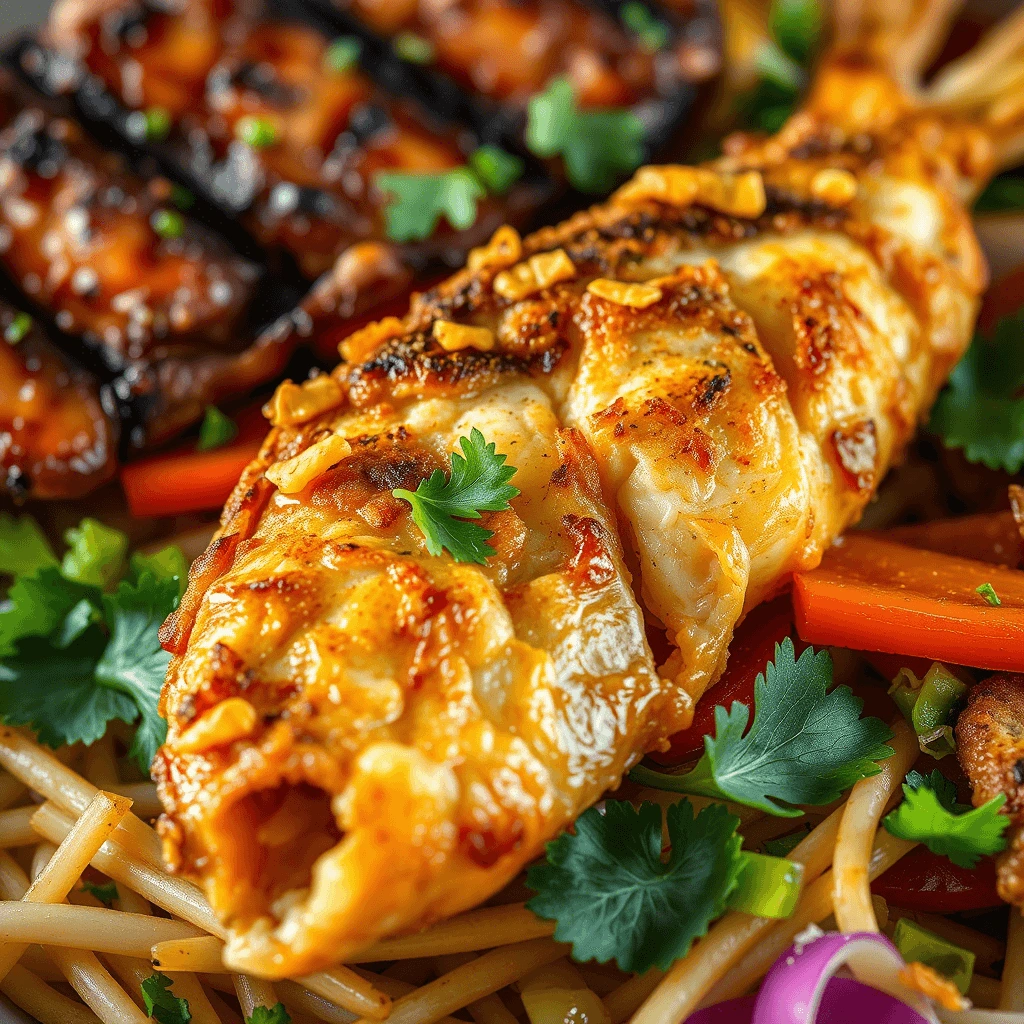 Golden-brown baked fish fillet topped with melted cheese and fresh cilantro, served over a bed of noodles with vibrant vegetables, as part of a flavorful hip hop fish and chicken recipe.