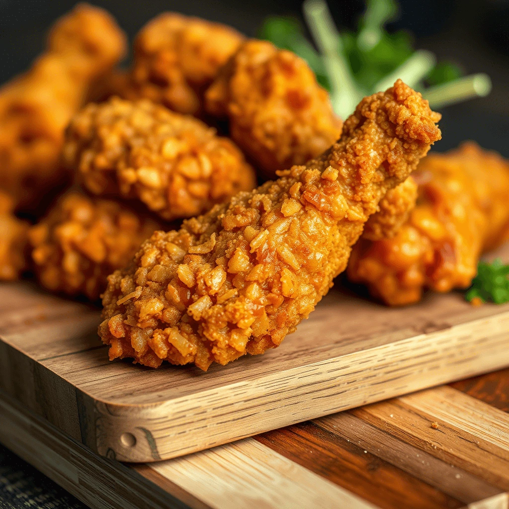 Golden-brown, crispy crown fried chicken strips served on a wooden board.