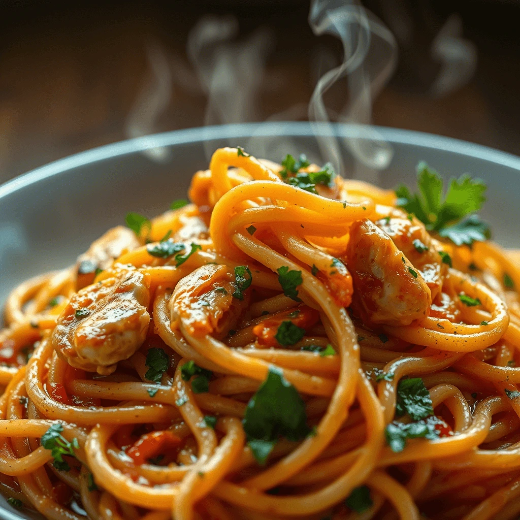 A steaming bowl of spaghetti with chicken in a rich tomato sauce, garnished with fresh parsley.
