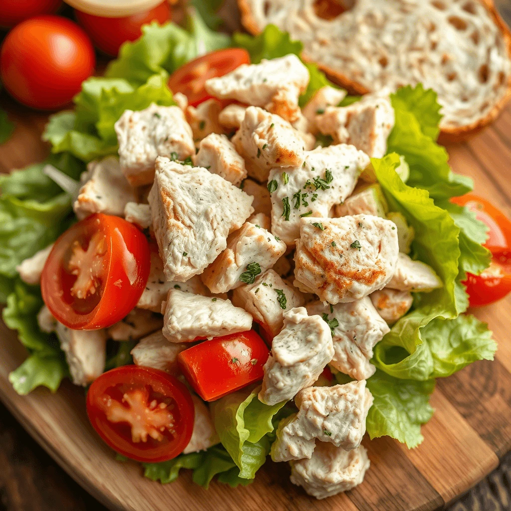 A fresh and colorful chicken salad with chunks of tender chicken, vibrant cherry tomatoes, and crisp lettuce leaves, served on a wooden cutting board.