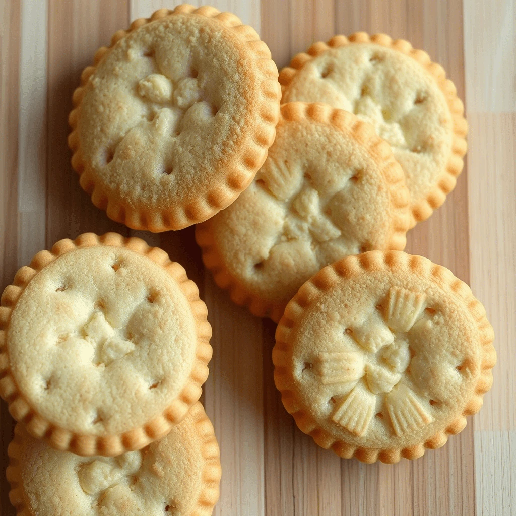 A close-up of four round sugar cookies with intricate floral and geometric patterns, dusted with powdered sugar.