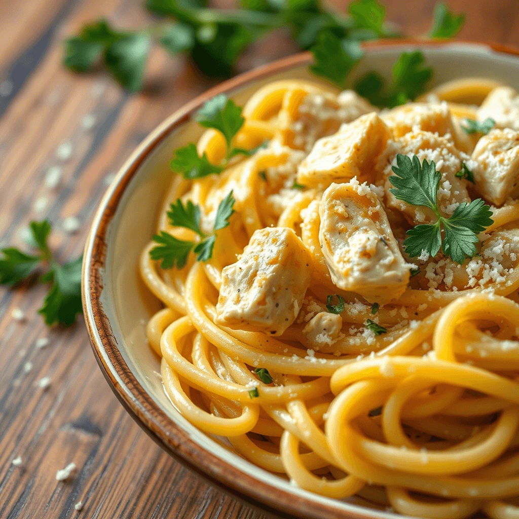 Garlic Parmesan Chicken Pasta with creamy sauce, tender chicken pieces, and fresh parsley garnish.