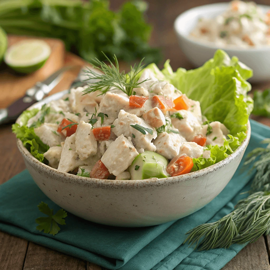 A creamy chicken salad in a white bowl, topped with fresh herbs and colorful vegetables like carrots and cucumbers, served on a blue napkin.