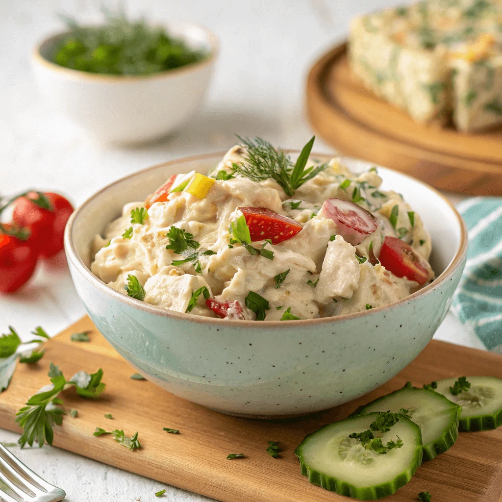 A creamy chicken salad in a light blue bowl, topped with fresh herbs and colorful vegetables like cherry tomatoes and cucumber slices, served on a wooden cutting board.