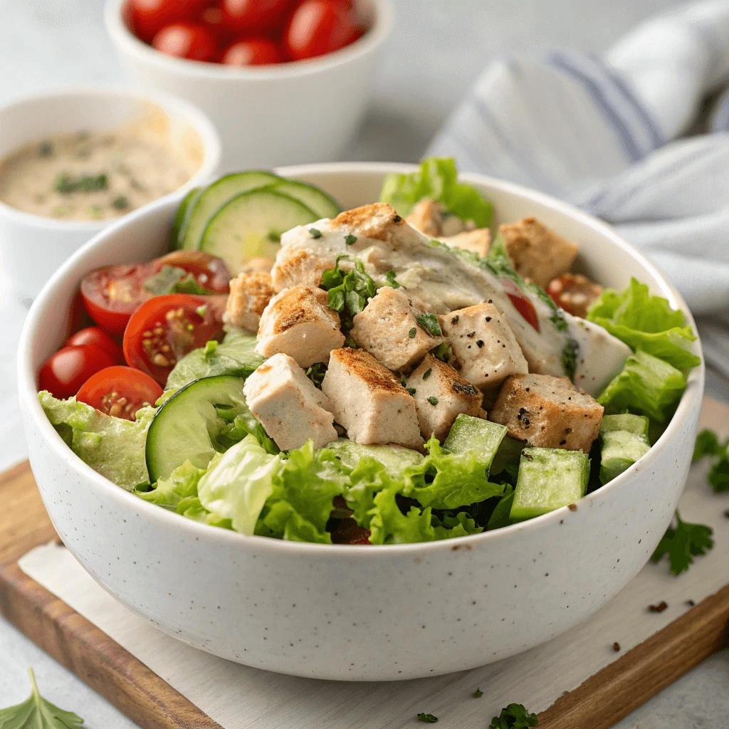 A vibrant and fresh tofu salad in a white bowl, topped with crispy tofu cubes, lettuce, cucumber slices, cherry tomatoes, and a creamy dressing.