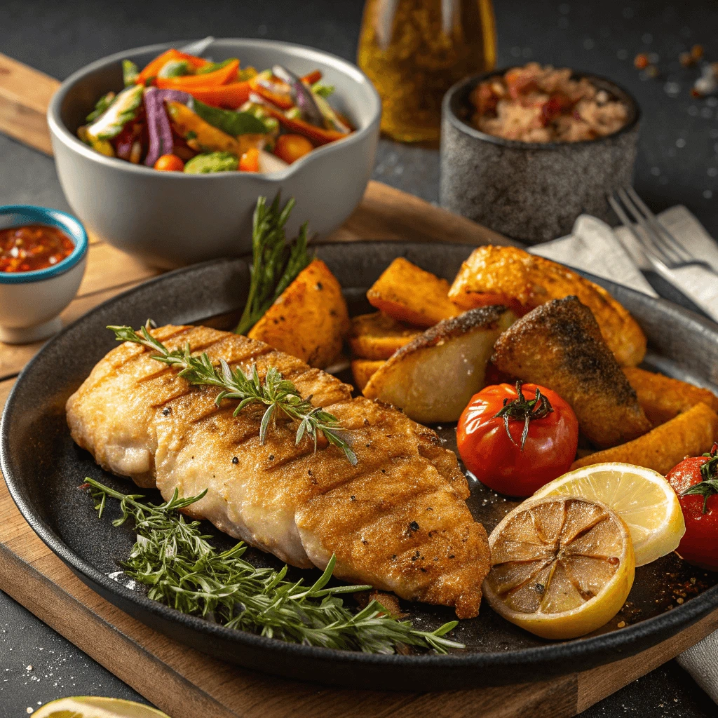 Grilled fish fillet with a golden crust, served on a black plate with roasted vegetables, fresh herbs, lemon slices, and accompanied by a colorful salad and side of grains.