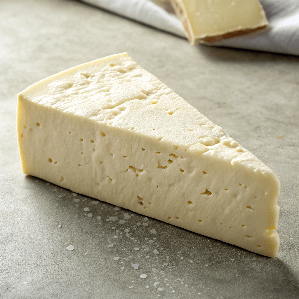 A wedge of white American cheese with a smooth, creamy texture and small holes, placed on a neutral surface.