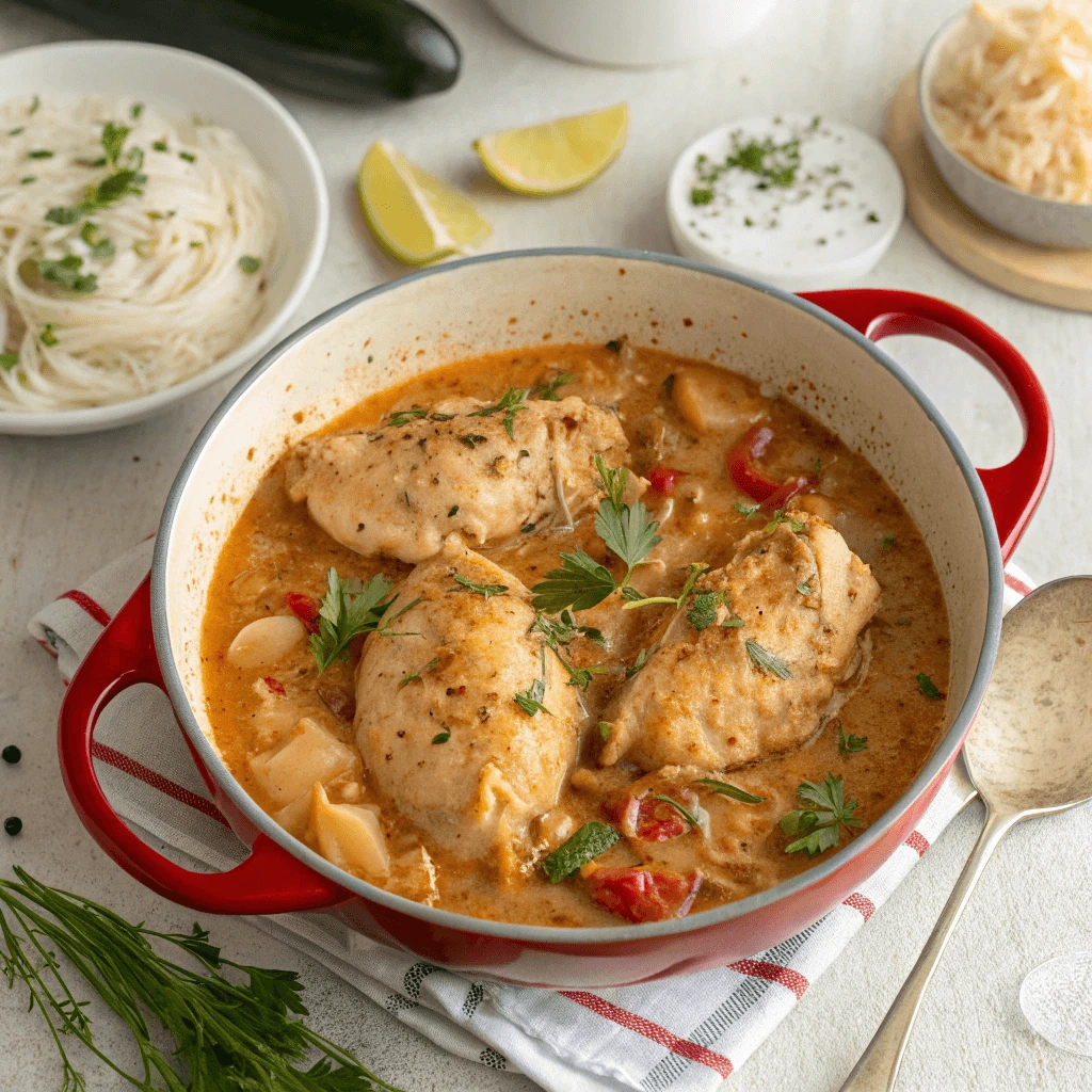A bowl of creamy chicken stew with potatoes, garnished with fresh herbs, served alongside a side of yogurt sauce and garlic cloves.