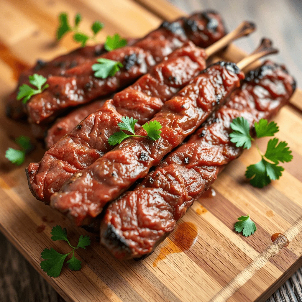 Grilled skewers with a glossy, savory sauce, garnished with fresh cilantro on a wooden cutting board.
