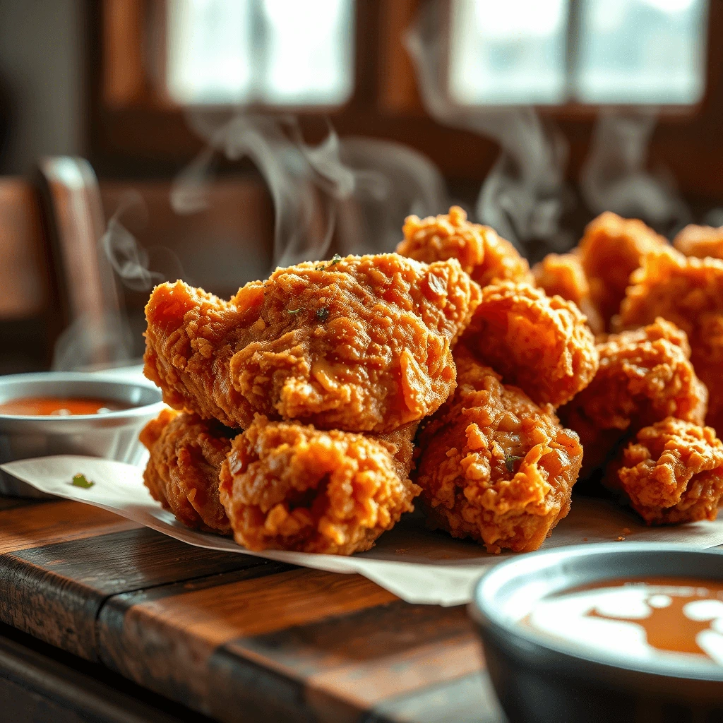 Golden-brown fried chicken nuggets served on a wooden tray with dipping sauces.