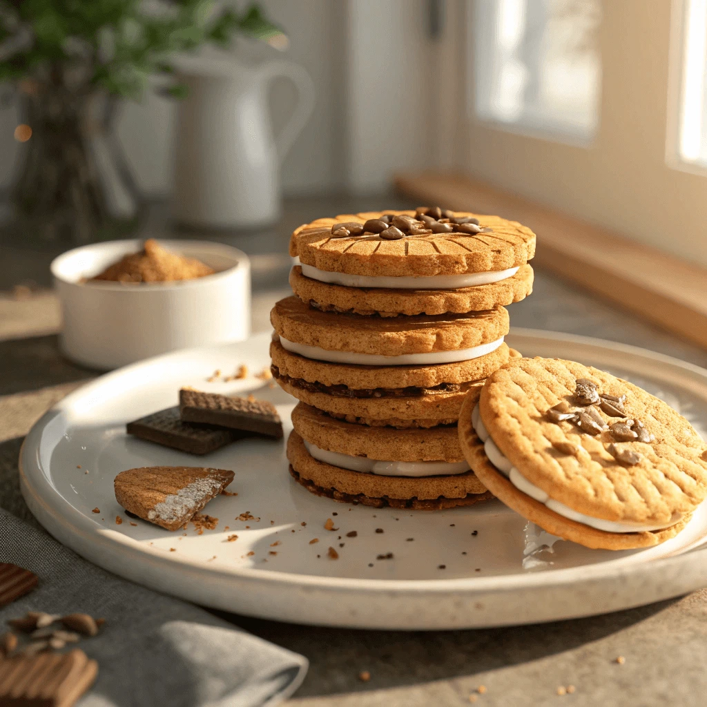 A stack of sandwich cookies with creamy filling, topped with chocolate chips and crushed nuts, served on a white plate.