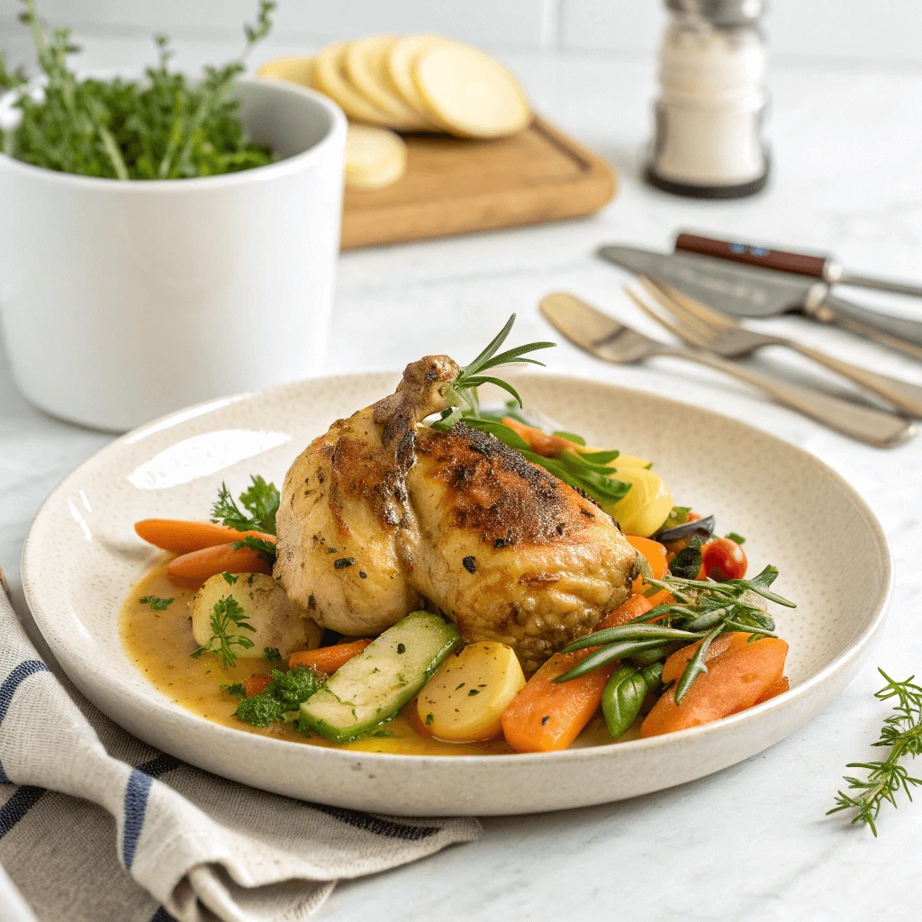 A beautifully plated roasted chicken thigh served with a medley of colorful vegetables, garnished with fresh herbs, and accompanied by a side of thyme.