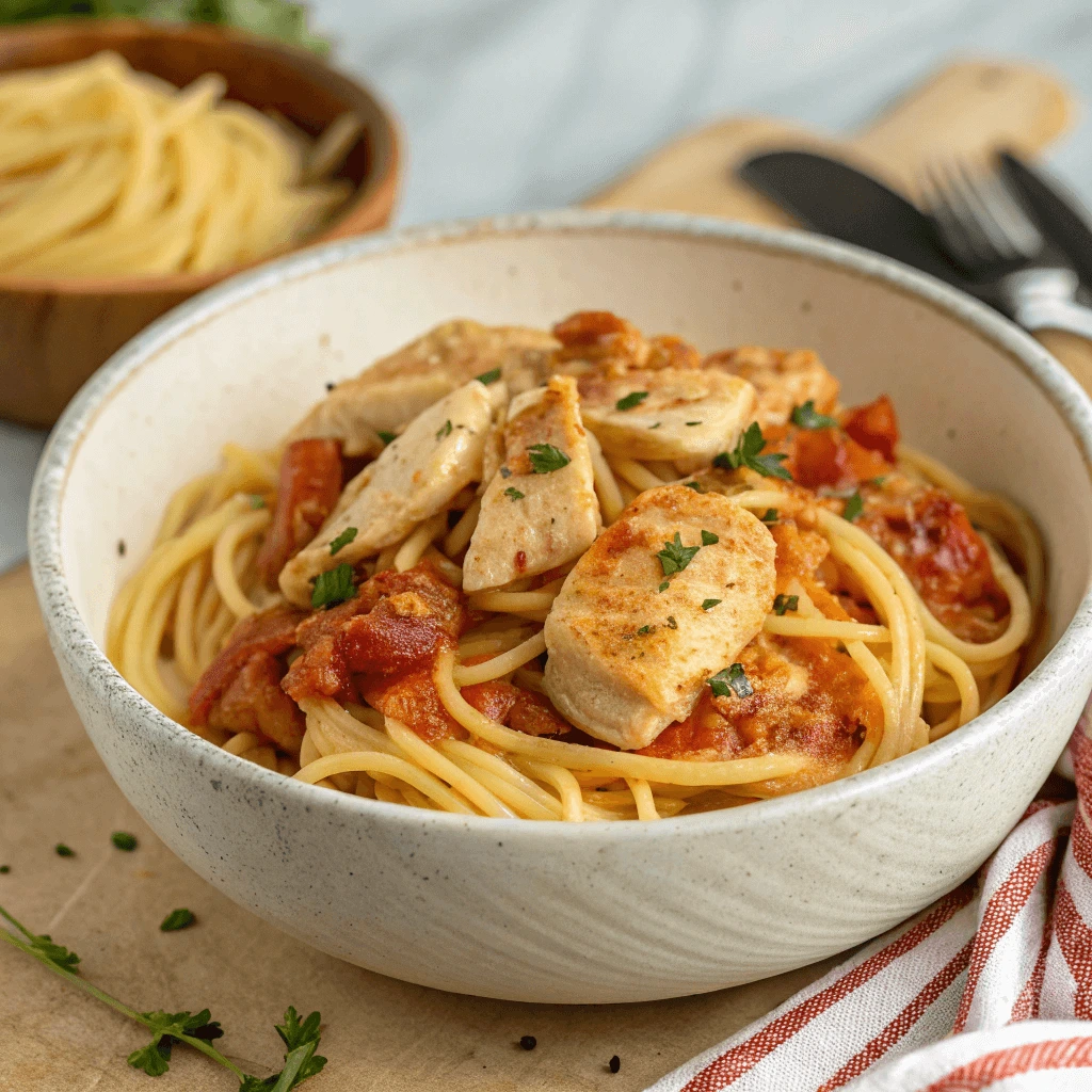 A bowl of spaghetti with creamy tomato sauce, sliced chicken, and fresh parsley, served on a rustic table setting.