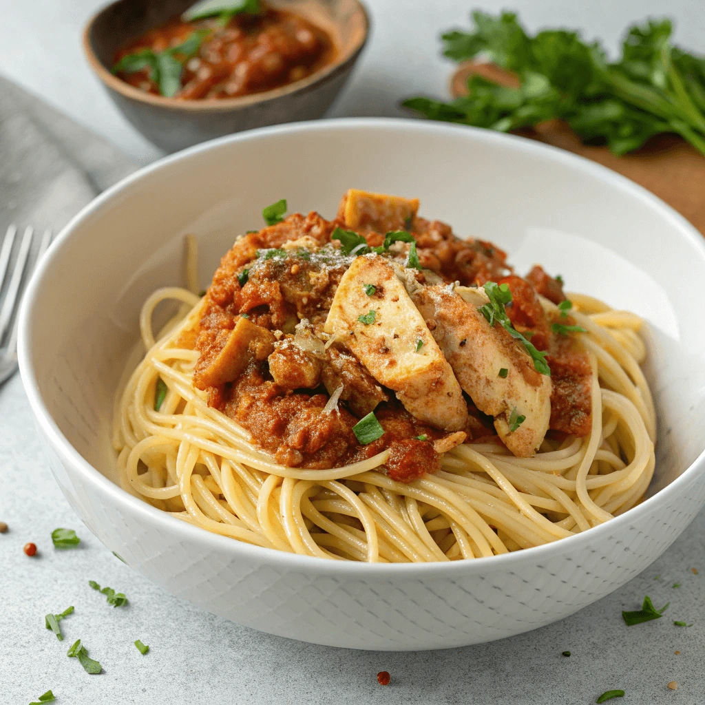 A bowl of spaghetti with creamy tomato sauce, crispy tofu slices, and fresh parsley, served on a light background.