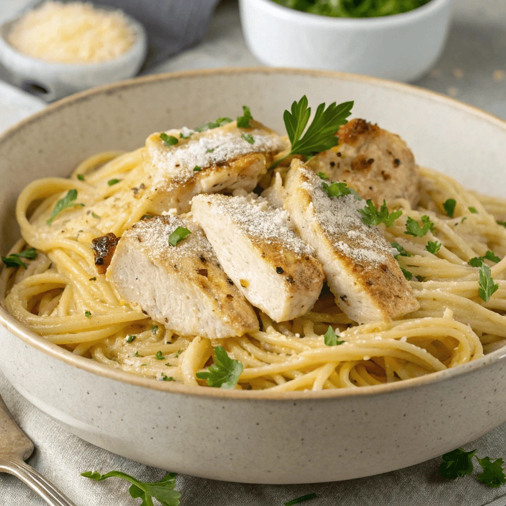 Garlic Parmesan Chicken Pasta with creamy sauce, tender chicken pieces, grated cheese, and fresh parsley garnish.