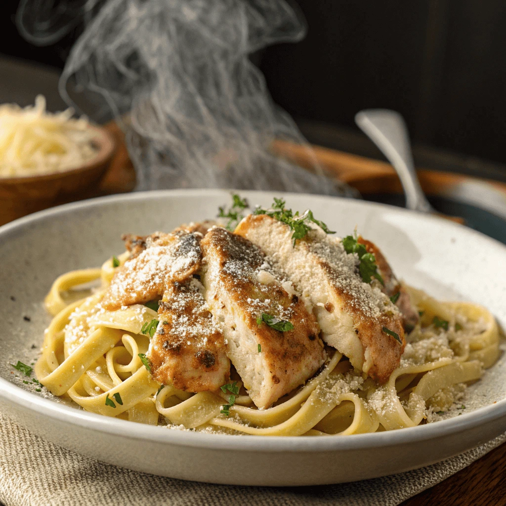Garlic Parmesan Chicken Pasta with creamy sauce, golden-brown chicken pieces, grated cheese, and fresh parsley garnish.