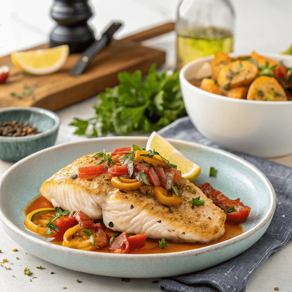 Pan-seared fish fillet topped with a colorful medley of sautéed bell peppers and tomatoes, garnished with fresh herbs and lemon slices, served on a light blue plate.