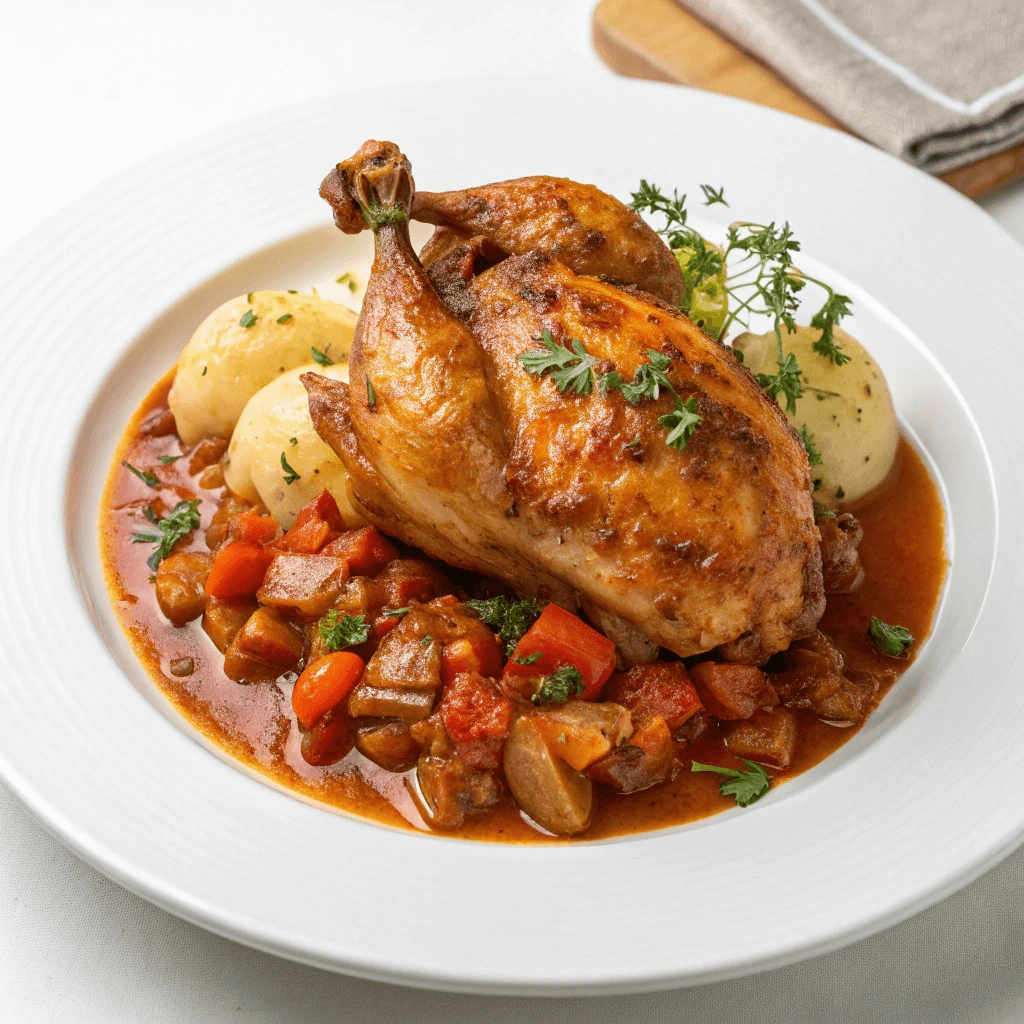 A hearty roasted chicken dish served with a rich, savory sauce and garnished with fresh herbs, accompanied by creamy mashed potatoes.