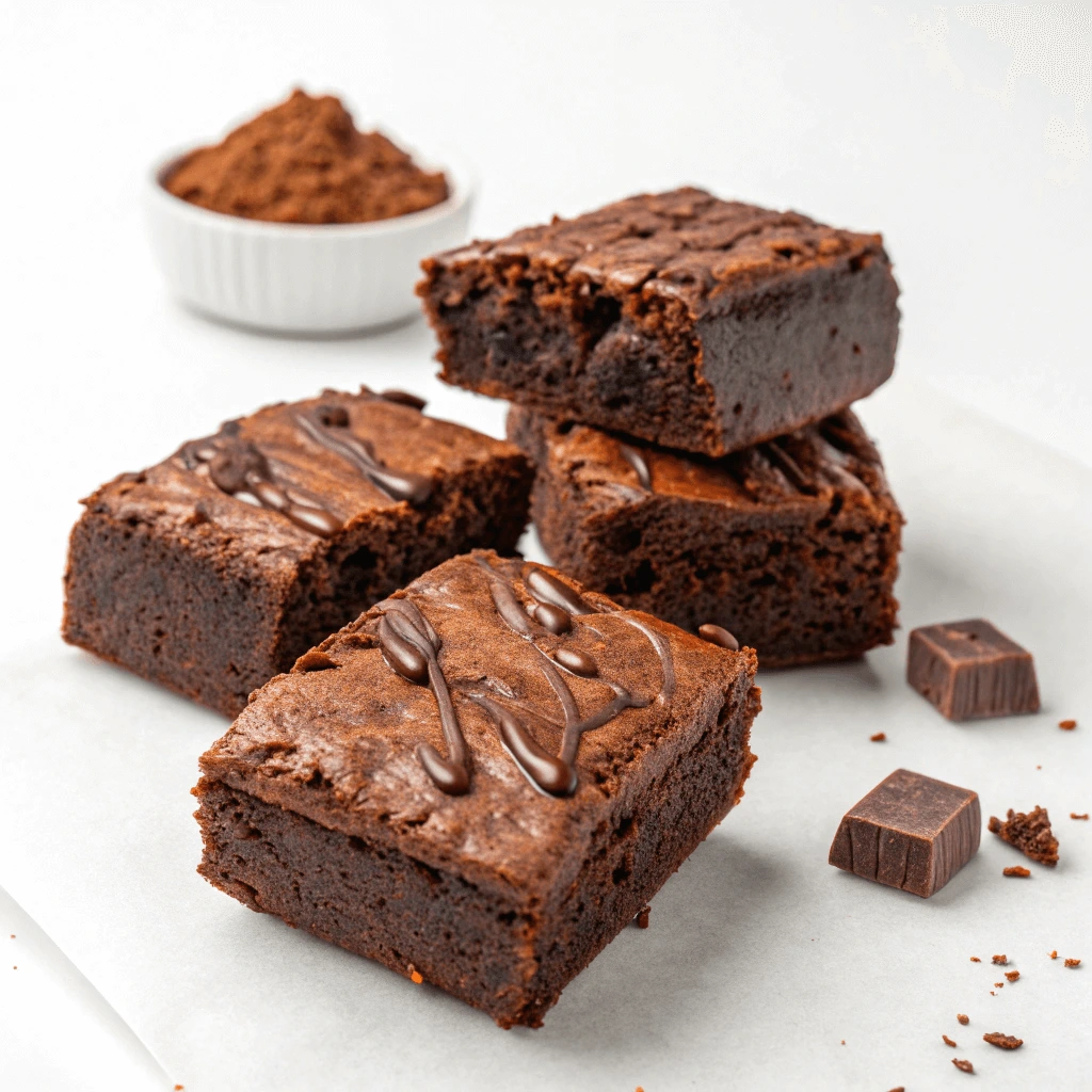 Decadent Prime Bites protein brownies with a glossy chocolate drizzle, accompanied by cocoa powder and dark chocolate squares.