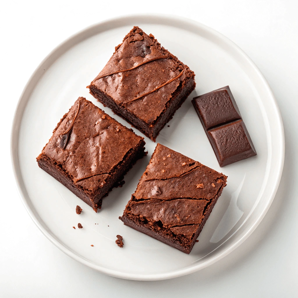 Three fudgy chocolate brownies on a white plate, accompanied by a square of dark chocolate.