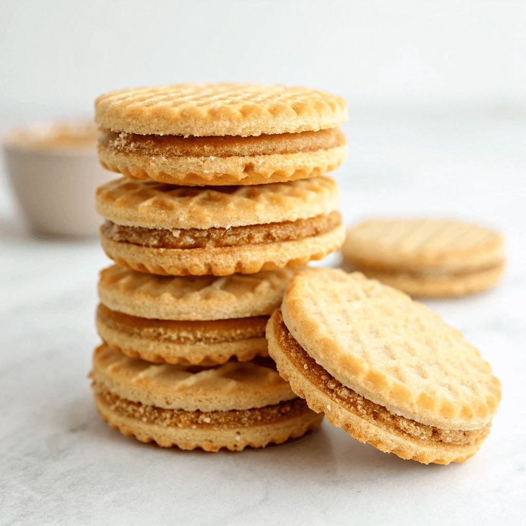 A stack of round, golden-brown sandwich cookies with a creamy filling, dusted with powdered sugar.