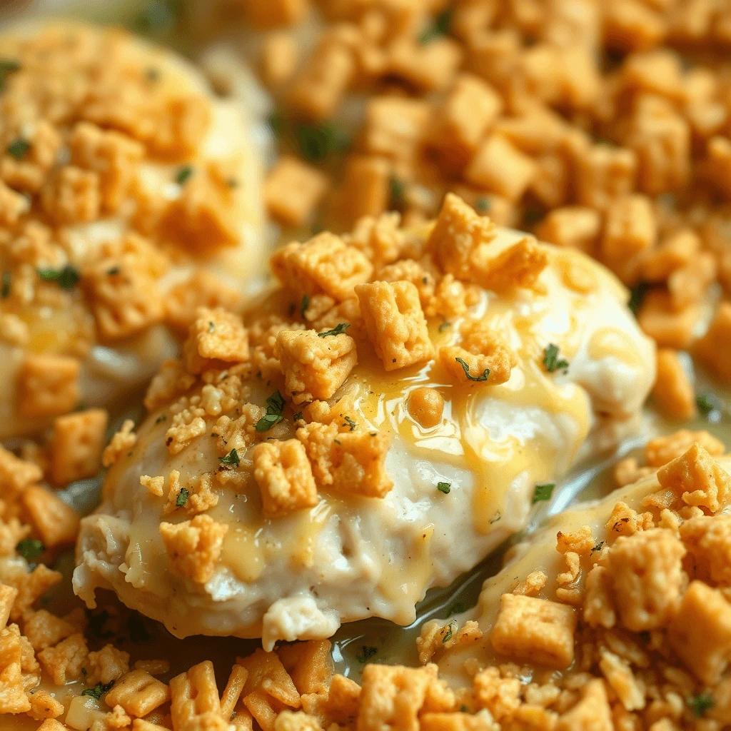 Creamy chicken casserole topped with round golden Ritz crackers.