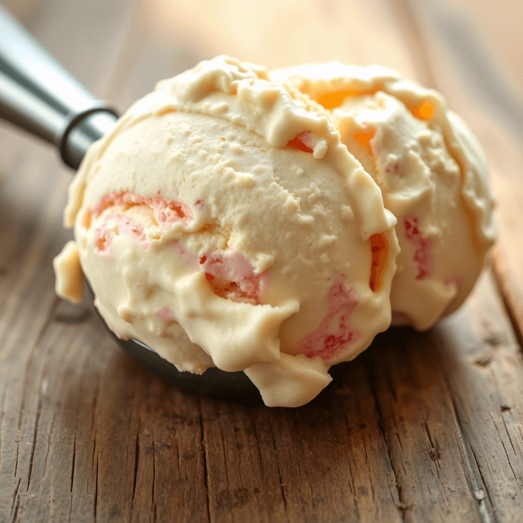 Creamy vanilla and strawberry ice cream scoop on a rustic wooden surface