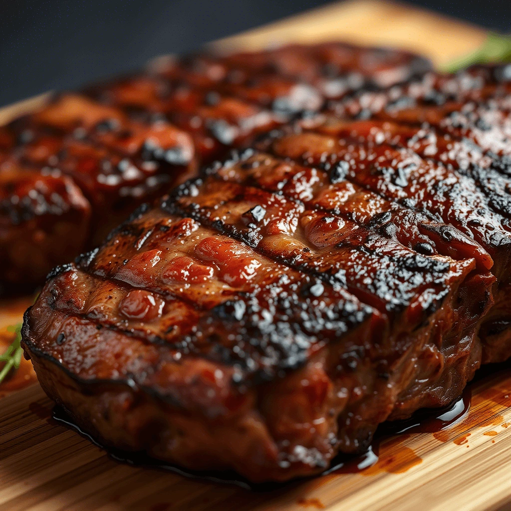 Two grilled meat patties with a glossy dark sauce on a wooden cutting board.
