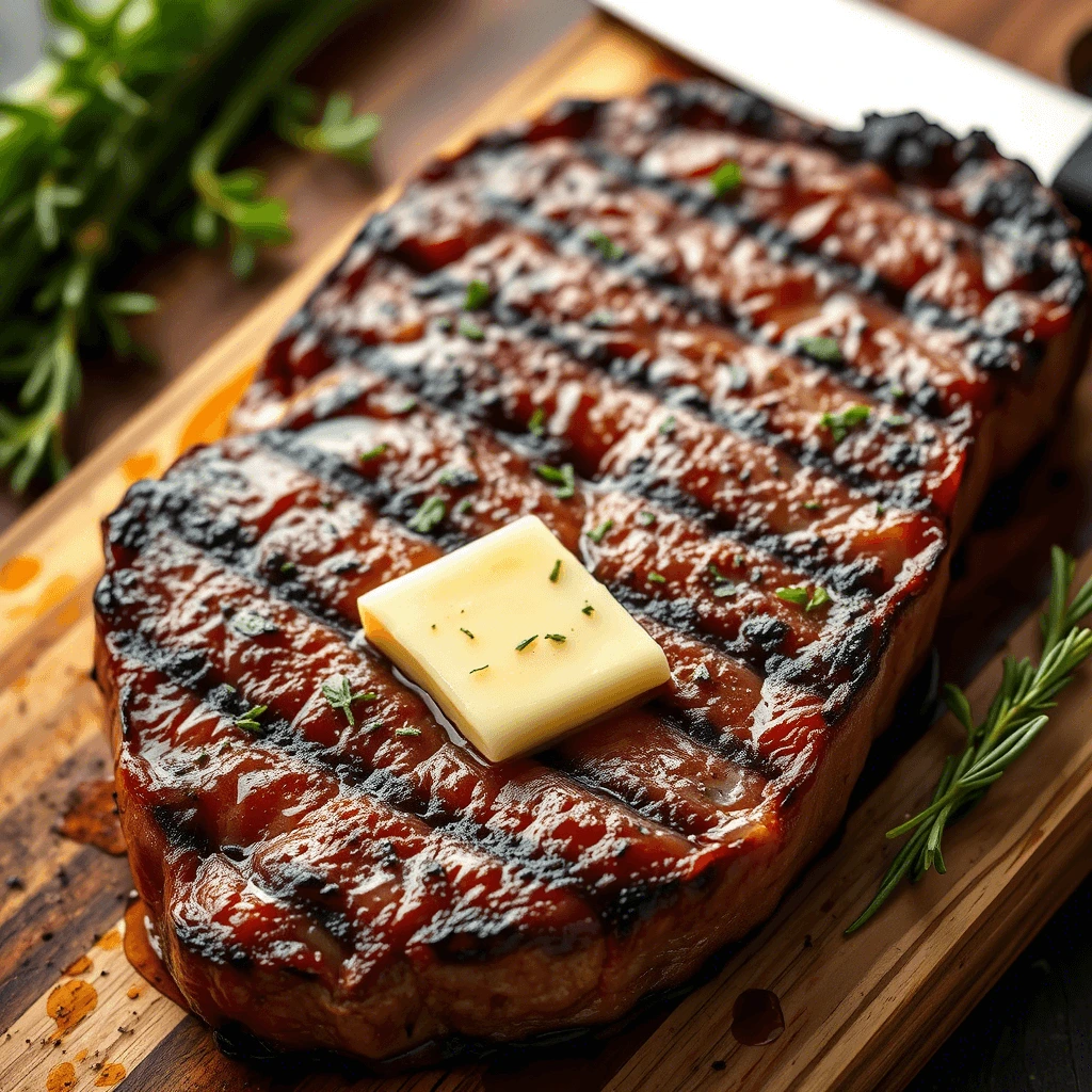 A perfectly grilled steak with a golden-brown crust, topped with a pat of butter and fresh herbs, served on a wooden cutting board.