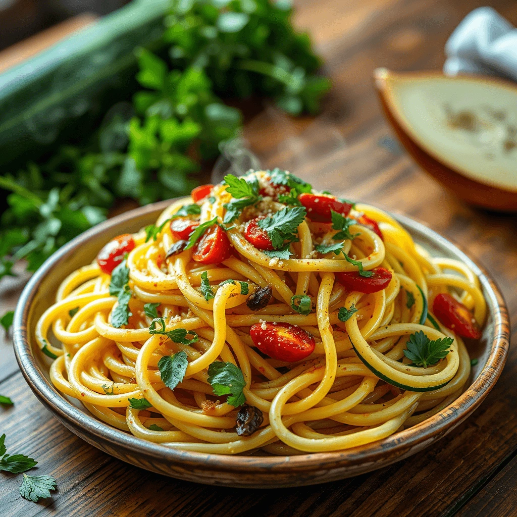A vibrant bowl of low-carb pasta topped with fresh cherry tomatoes, parsley, and a sprinkle of red chili flakes.