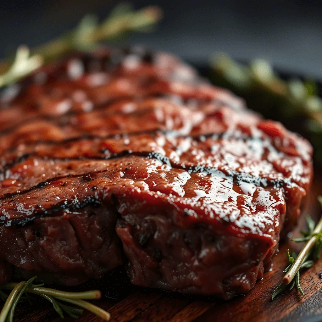 A close-up of a perfectly grilled steak, seasoned with salt and pepper, resting on a wooden surface surrounded by fresh herbs.