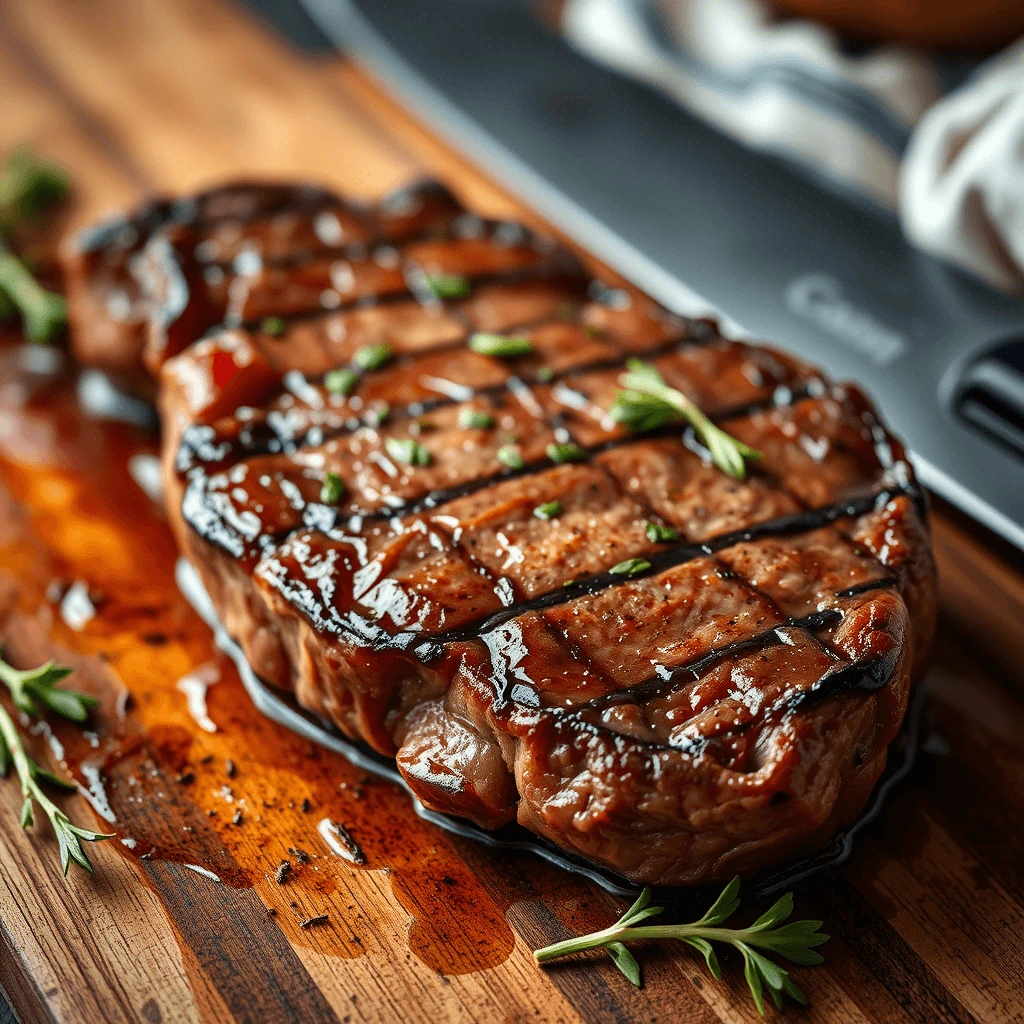 A perfectly grilled steak with a rich, caramelized crust and drizzled with a glossy sauce, garnished with fresh herbs on a wooden cutting board.