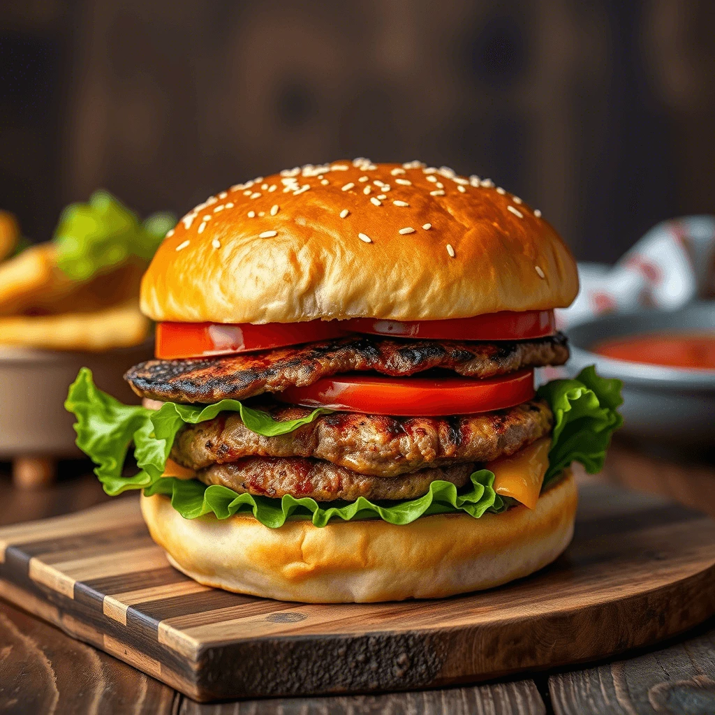 A mouthwatering double cheeseburger with two perfectly grilled beef patties, melted cheddar cheese, fresh lettuce, juicy tomato slices, and a sesame seed bun, served on a wooden cutting board.