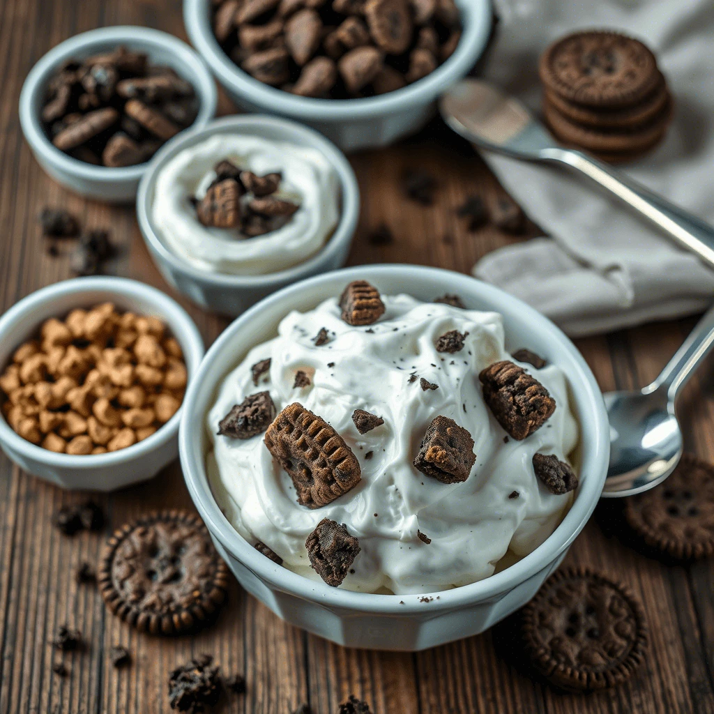 Indulgent dessert featuring whipped cream topped with crushed chocolate cookies, chocolate chips, and cookie crumbs, served in a white bowl on a wooden surface.