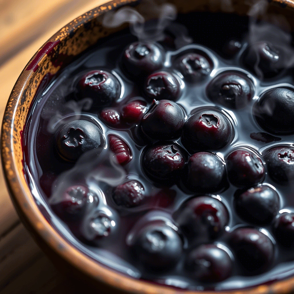 Hot blueberry compote in a rustic bowl with steam rising