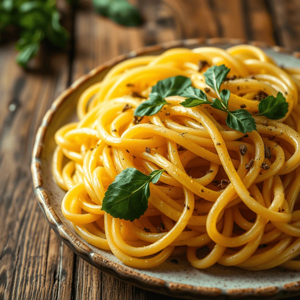 A plate of Barilla Protein Pasta garnished with fresh herbs and black pepper, served on a rustic wooden table.

