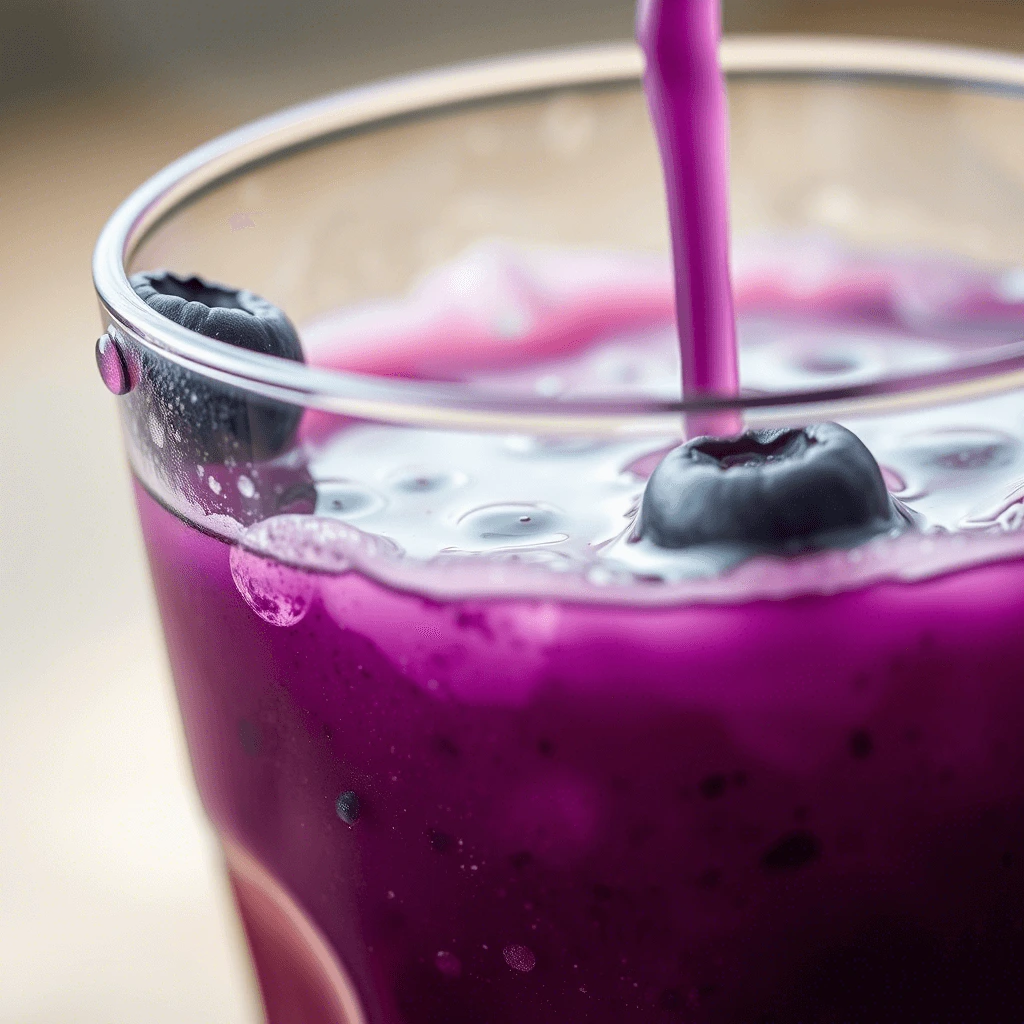 Fresh blueberry juice being poured into a glass with a vibrant purple hue, garnished with fresh blueberries and a pink straw.