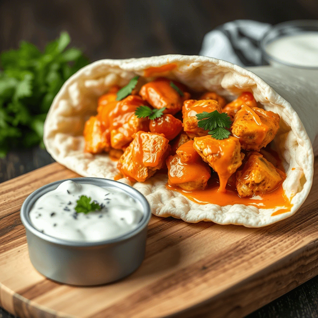 Buffalo chicken wrap with diced chicken and creamy dipping sauce on a wooden board