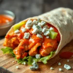 Buffalo chicken wrap with blue cheese, celery, and lettuce on a wooden board
