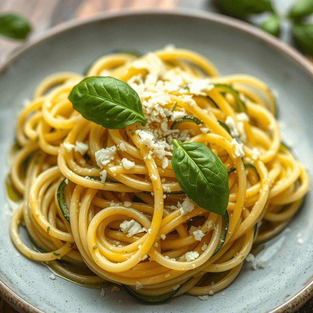 A plate of vibrant yellow pasta garnished with fresh basil leaves and grated cheese, served on a light gray ceramic dish.