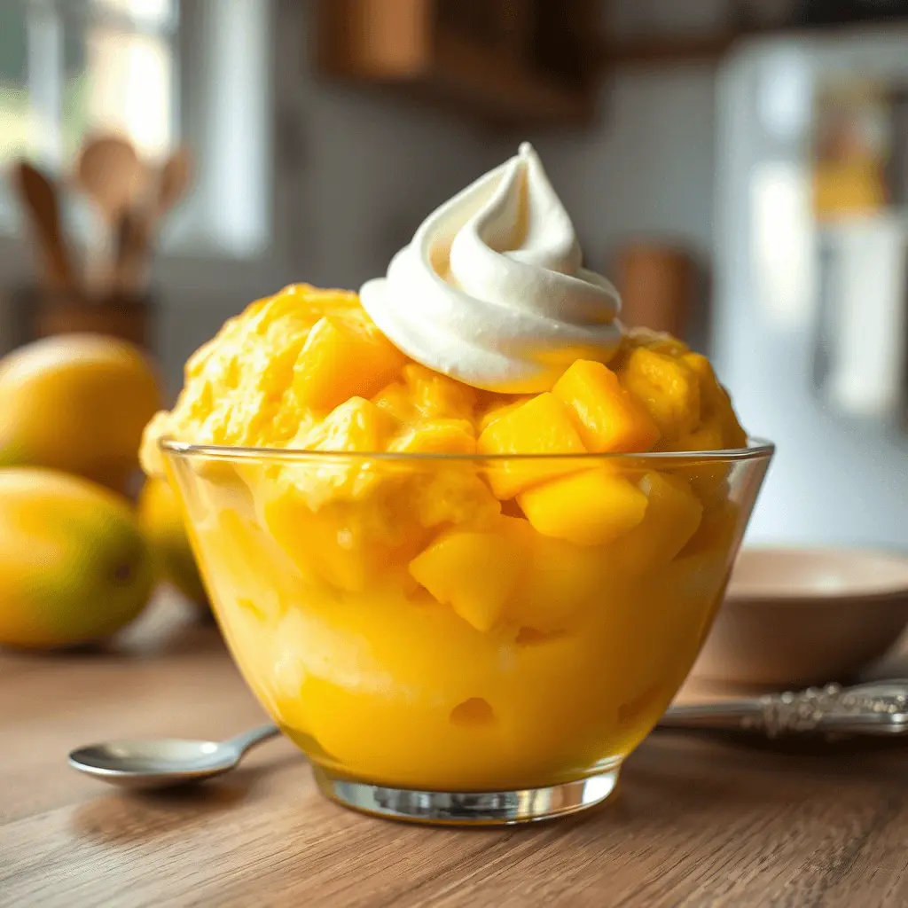 A glass bowl filled with creamy mango pudding topped with fresh mango chunks and a dollop of whipped cream, set on a wooden surface.